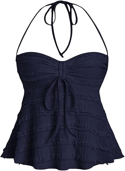 Classy Women's Peplum Halter Crop Tops Y2K Drawstring Tie Ruched Dressy Casual Spaghetti Strap Cami Top