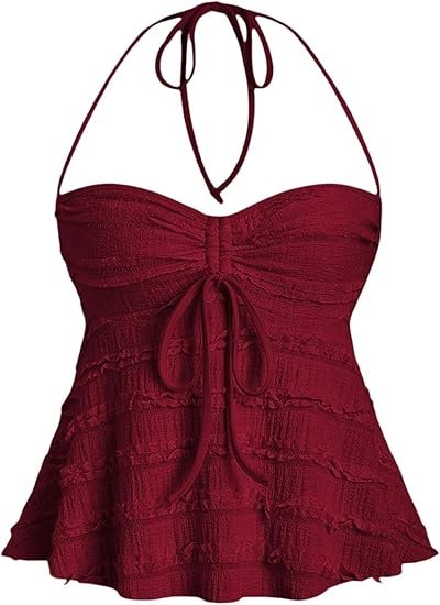 Classy Women's Peplum Halter Crop Tops Y2K Drawstring Tie Ruched Dressy Casual Spaghetti Strap Cami Top