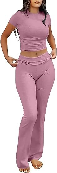 Classy Lounge Sets for Women 2 Piece Foldover Yoga Flare Leggings Pants Crop Tops Casual Y2K Outfits Matching Tracksuit Set
