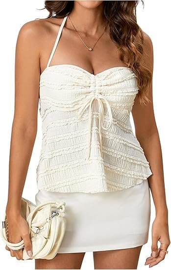 Classy Women's Peplum Halter Crop Tops Y2K Drawstring Tie Ruched Dressy Casual Spaghetti Strap Cami Top
