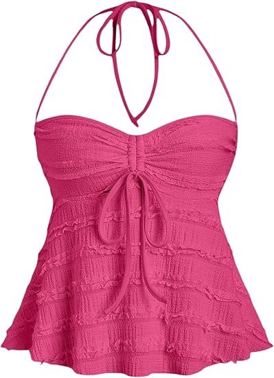 Classy Women's Peplum Halter Crop Tops Y2K Drawstring Tie Ruched Dressy Casual Spaghetti Strap Cami Top